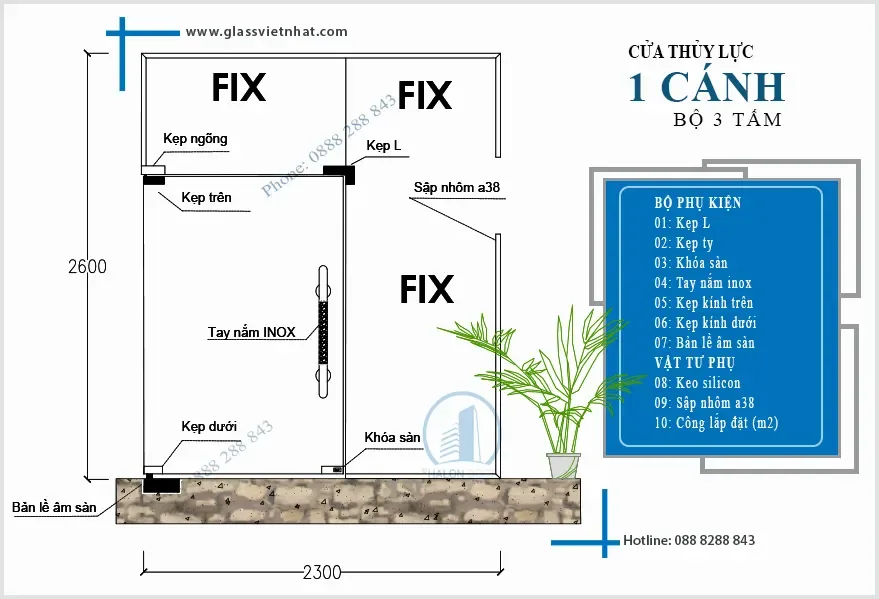 Cửa kính cường lực 2 cánh/MQ59 cua kinh cuong luc 1 canh 9